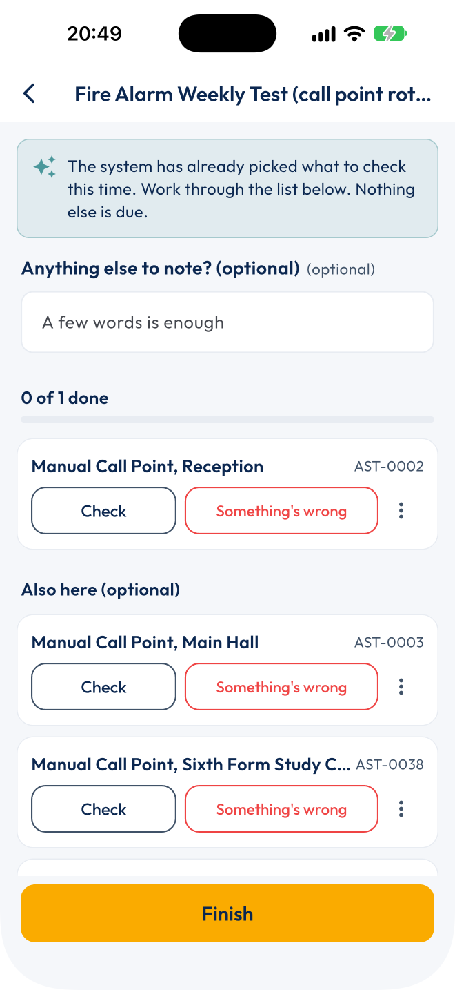 The weekly fire alarm test open on the phone, naming the call point to test and asking for the result.