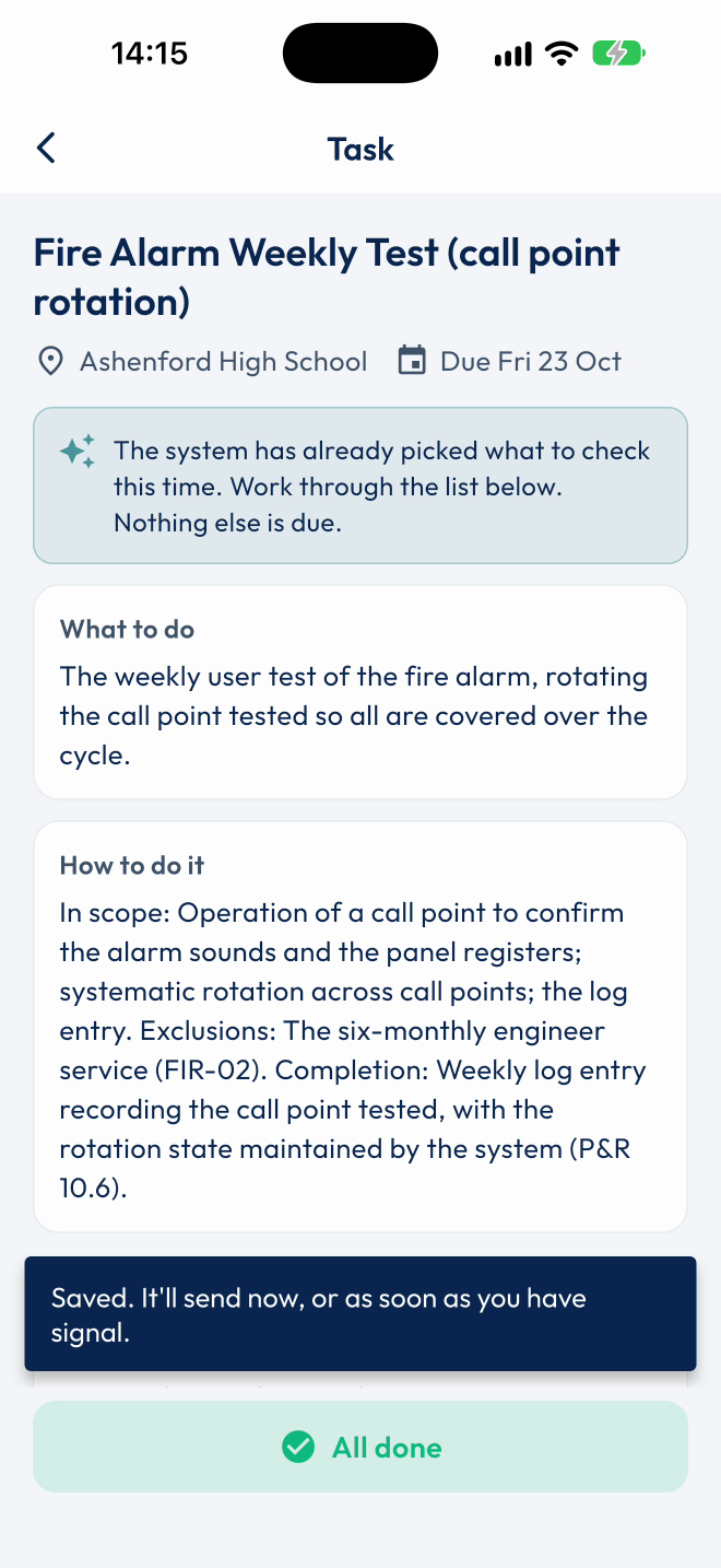 A task marked complete on the EstatesBase app.